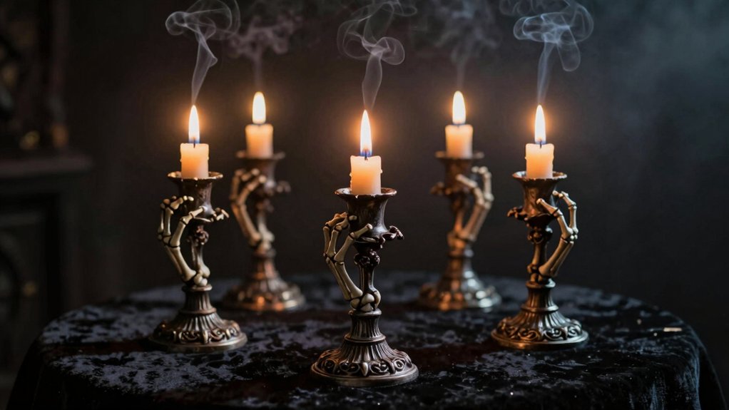 five skeleton hand candle holders